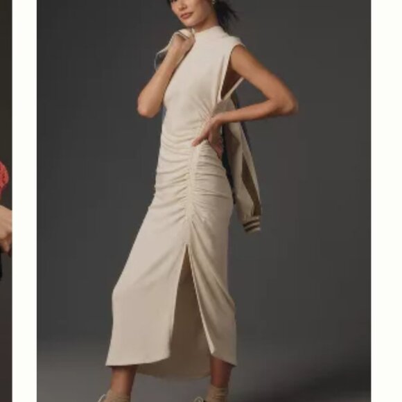 NWT Daily Practice Anthropologie Mock-Neck Ruched Midi Dress - Picture 1 of 5